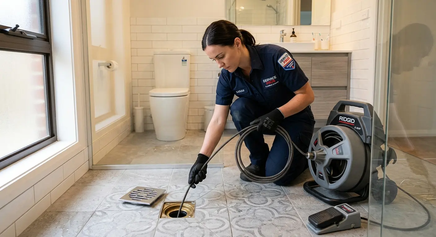 Technician clearing a bathroom floor drain for Clogged Drain Repair in Dedham